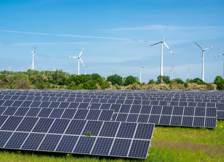 Photograph of solar panels and wind turbines